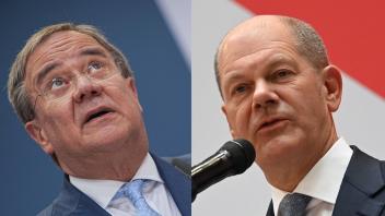 Armin Laschet (CDU, links) und Olaf Scholz (SPD) buhlen jeweils um Grüne und FDP als Koalitionspartner. (Montage: Husung)