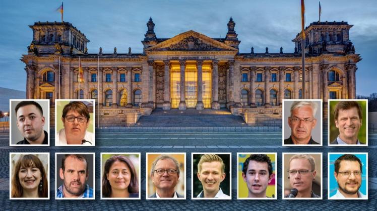 Das sind die zwölf regionalen Direktkandidaten der im Bundestag vertretenen Parteien (von links oben nach rechts oben): Manuel Gava und Anke Hennig (SPD), Heidi Reichinnek und Swen Adams (Die Linke), Filiz Polat und Thomas Klein (Grüne), Matthias Seestern-Pauly und Nemir Ali (FDP), Florian Meyer und Roland Lapinskas (AfD), Mathias Middelberg und André Berghegger (CDU).