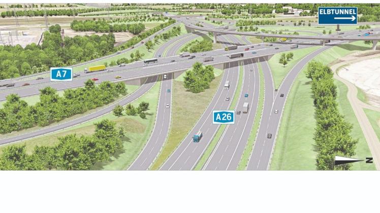 So soll das neue Autobahnkreuz der A7/A26 ab 2025 aussehen. Die Firma Becker aus Meppen hat einen großen Auftrag für die Brücken der Autobahn bekommen.