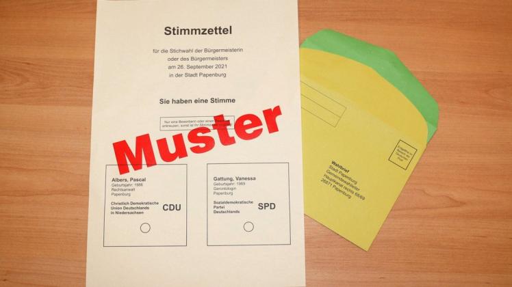 So sieht der Muster-Stimmzettel für die Stichwahl um das Bürgermeisteramt am Sonntag, 26. September 2021, in Papenburg aus.