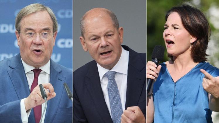 Armin Laschet (CDU), Olaf Scholz (SPD) und Annalena Baerbock (Grüne) kämpfen am Sonntag, 12. September 2021, im zweiten TV-Triell um die Kanzlerschaft.