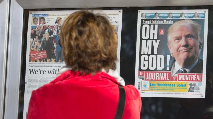 "Oh mein Gott" steht auf der Titelseite einer kanadischen Zeitung am Morgen nach der US-Präsidentschaftswahl 2016. Entgegen der allermeisten Umfragen hatte Donald Trump sich gegen Hillary Clinton durchgesetzt.