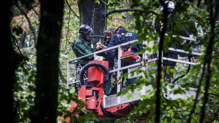 Polizeiaktion im Hambacher Forst gegen Braunkohlegegner im Jahr 2018: Ein Aktivist im einem Baum wird festgenommen.
