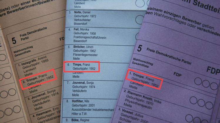 Zweimal Franz Trimpe, einmal Franz Timpe: Auf dem weißen Stimmzettel zur Kreistagswahl (Mitte) ist der Name unkorrekt aufgeführt.