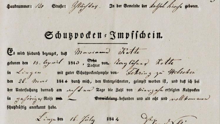 Ein Impfschein gegen die Pocken aus dem Jahr 1844: Eltern, die sich weigerten und nicht mit ihren Kindern zum Termin erschienen, drohten Geldstrafen oder Gefängnis.