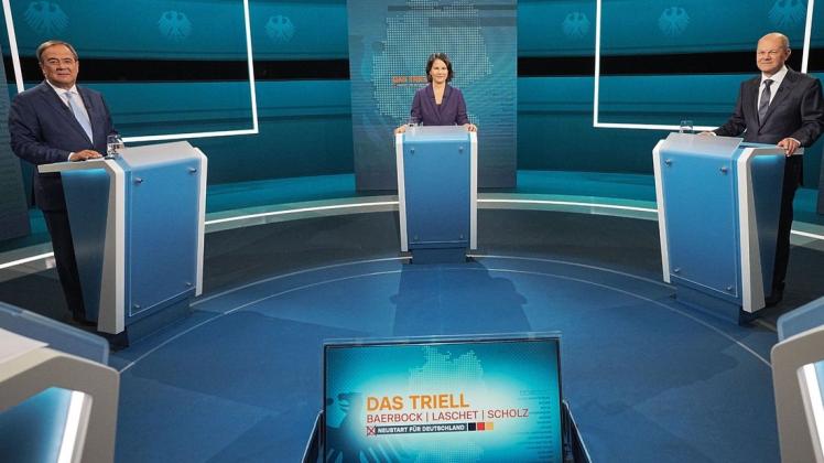 Die Kanzlerkandidaten Armin Laschet (CDU), Annalena Baerbock (Grüne) und Olaf Scholz (SPD) beim TV-Driell. Wer konnte bei den Zuschauern am meisten punkten?