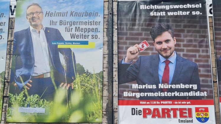 Mit dem Slogan "Weiter so" wirbt Amtsinhaber Helmut Knurbein (links). Herausforderer Marius Nürenberg will einen Richtungswechsel.