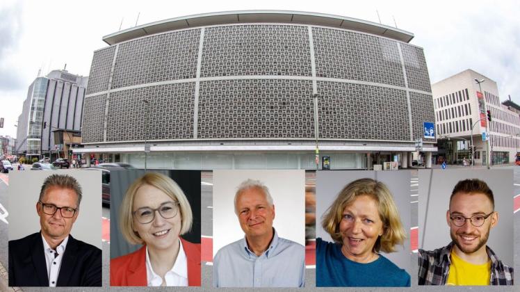 NOZ-Podiumsdiskussion zur OB-Wahl am Dienstag, 31. August, ab 18 Uhr im alten Galeria Kaufhof. Auf dem Podium (von links): Frank Henning (SPD), Katharina Pötter (CDU), Thomas Thiele (FDP), Annette Niermann (Grüne), Ja-Philipp Cröplin (Links).