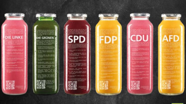 Zur Bundestagswahl verkauft True Fruits Flaschen mit den Parteiprogrammen der sechs großen Parteien des Bundestages - auch mit dem der AfD.