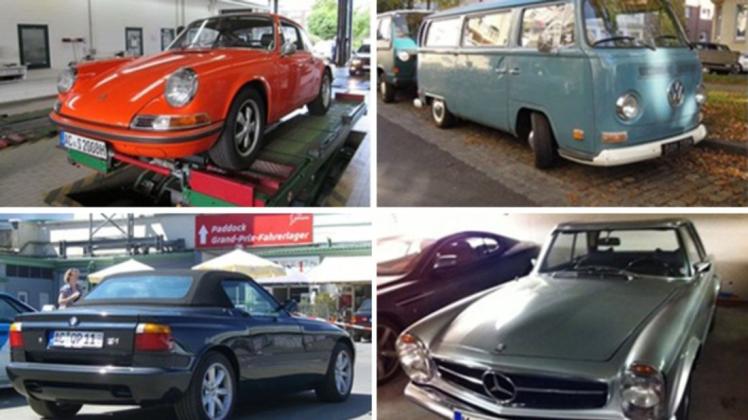 Polizeifotos zeigen gestohlenen Fahrzeuge: Porsche 911 T von 1971, Volkswagen Bulli T2 von 1970, BMW Z 1 von 1989 und ein Mercedes Benz 280 SL von 1968. (Symbolfoto)