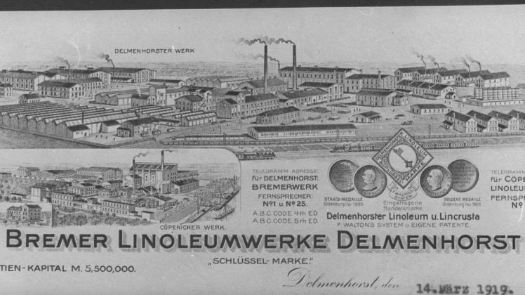 Die Blütezeit des Linoleums: Der Briefkopf der Bremer Linoleumwerke aus dem Jahr 1919 vermittelt einen Eindruck von der Dimension des Delmenhorster Werks „Schlüssel-Marke“.