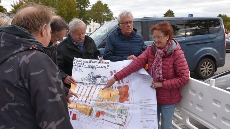 Margitta Spieker vom Nabu Delmenhorst stellt Naturschützern die Pläne des Parkplatzes am Jute-Center vor.