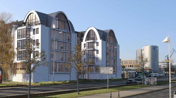 So sollen die zwei Neubauten mit insgesamt 11 Wohnungen und zwei Büroflächen in der Rostocker Eschenstraße einmal aussehen.