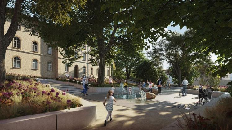 Wasser auf dem "Platz der Städtefreundschaften": Der Entwurf für den Umbau des Gartens vor der Osnabrücker Volkshochschule sieht auch Springbrunnen vor.