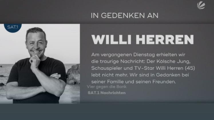 Sat.1 verabschiedet Willi Herren mit einer Texteinblendung.