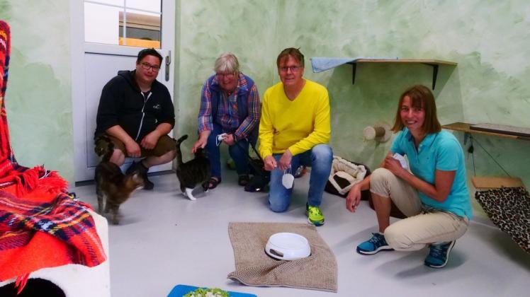 Die Katzen sind etwas kamerascheu: Tierheim-Leiter Mark Ungnade (links) mit Friedchen Weidmüller, Frank Lenk und Hella Dietz im Katzenhaus.