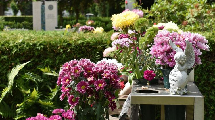 In und bei den Urnen-Gemeinschaftsanlagen hat die Güstrower Friedhofsverwaltung sogenannte Blumenbänke aufgestellt, wo Angehörige neben Blumen auch andere Gegenstände zum Gedenken ablegen können.