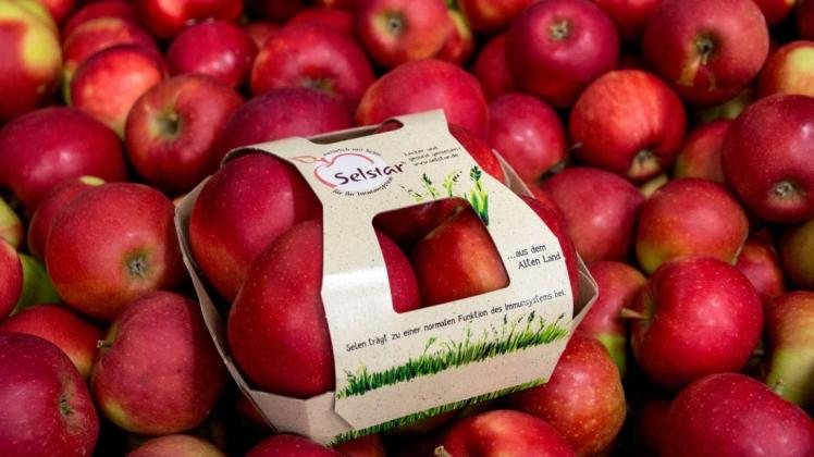 Geerntet im Alten Land, Wissenschaft und Forschung aus Berlin und Osnabrück: "Selstar" heißt die Apfel-Innovation der Hochschule Osnabrück, die jetzt in die Märkte kommt. Ein Apfel deckt mehr als ein Drittel des Selen-Tagesbedarfes.