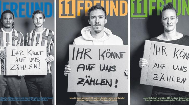 Mit sechs verschiedenen Covern weist die neue Ausgabe der "11Freunde" auf die Solidaritätsaktion "Ihr könnt auf uns zählen!" hin.