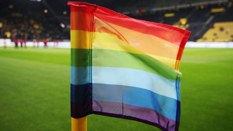 2017 hingen in der Bundesliga bunte Eckfahnen anlässlich der Aktion "Gemeinsam gegen Homophobie und Rassismus".