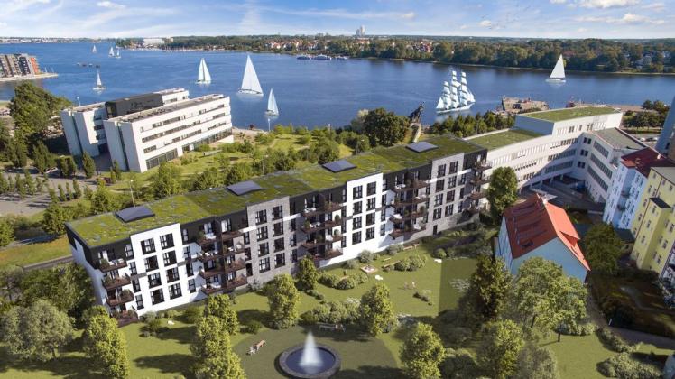 Der Neubau mit Klinkerfassade soll planmäßig bis Sommer 2022 in der Lübecker Straße der Rostocker Kröpeliner-Tor-Vorstadt stehen und im Süden eine Parkanlage erhalten.