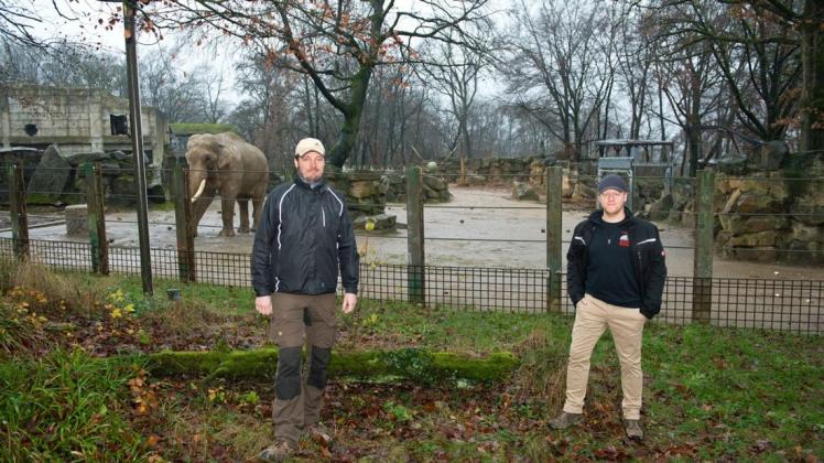 Andreas Wulftange (l.) und Tobias Klumpe (r.) freuen sich auf Nachwuchs im Elefanten- und Nashorn-Gehege.