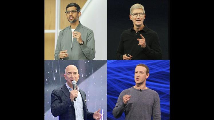 Im Uhrzeigersinn: Sundar Pichai (Google), Tim Cook (Apple), Mark Zuckerberg (Facebook) und Jeff Bezos (Amazon) gehören zu den reichsten Menschen der Welt.