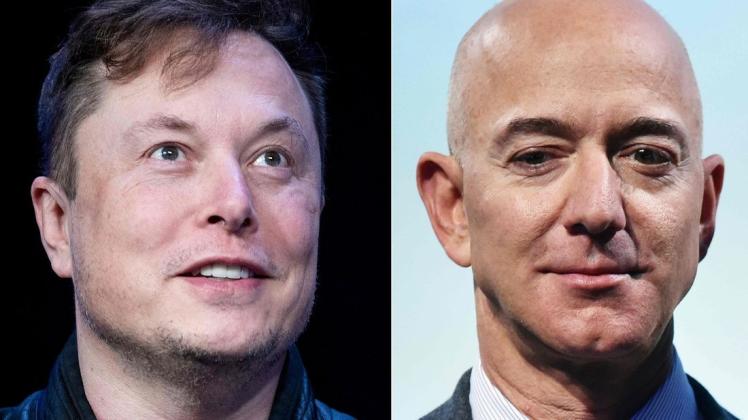 Mit Elon Musk (links) und Jeff Bezos kämpfen die beiden reichsten Menschen der Welt um die Herrschaft der kommerziellen Raumfahrt.
