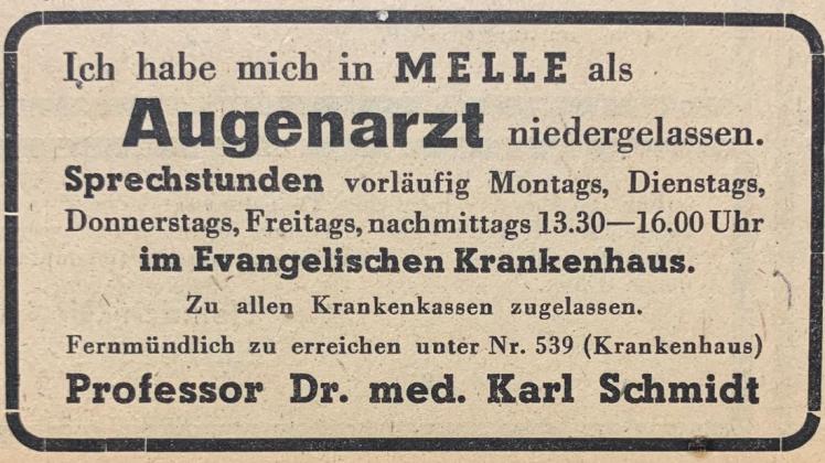 Eine Anzeige von Prof. Dr. med. Karl Schmidt im Bekanntmachungs- und Anzeigenblatt für den Kreis Melle, veröffentlicht am 15. Januar 1949.