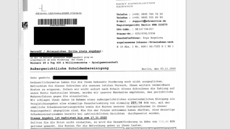 So ähnlich sehen die gefälschten Schuldbriefe aus, die derzeit in Mecklenburg-Vorpommern kursieren. Die Verbraucherzentrale rät, sich nicht davon einschüchtern zu lassen.