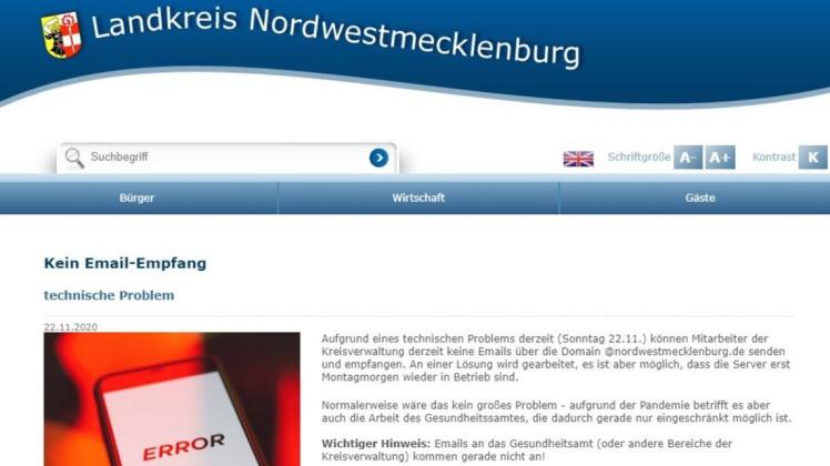 Auf seiner Internetseite informiert der Landkreis Nordwestmecklenburg über technische Probleme.