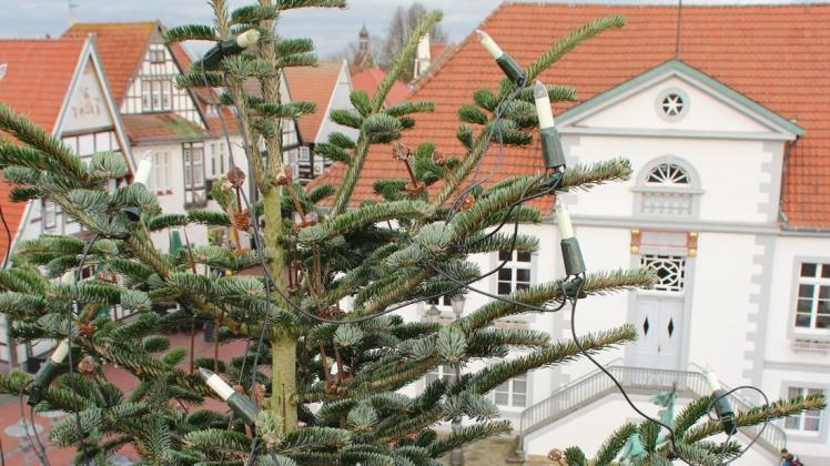 Vor dem Quakenbrücker Rathaus steht in der Adventszeit traditionell ein großer Weihnachtsbaum. (Archivfoto)