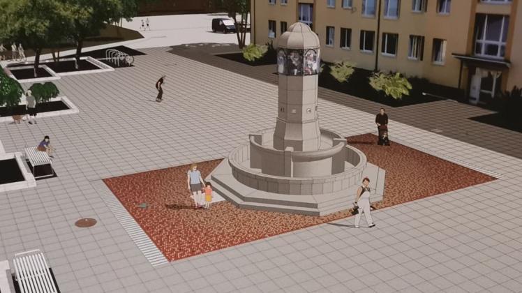 Gelbe und rote Mosaiksteine sollen künftig den Platz beim Brinckmanbrunnen zieren. Der Entwurf des Schweriner Künstlers Andreas Sachsenmaier soll bis Mai realisiert werden.