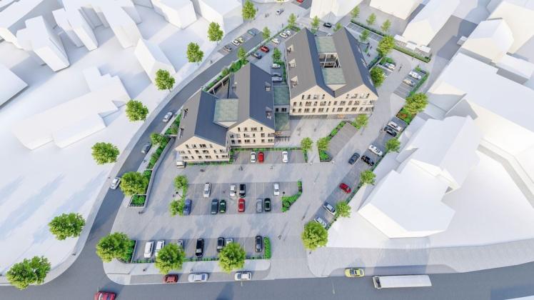 So plant Architekt Markus Grote den Neubau an der Stelle des alten Rathauses in Emsbüren, gesehen von der Straße In der Maate.