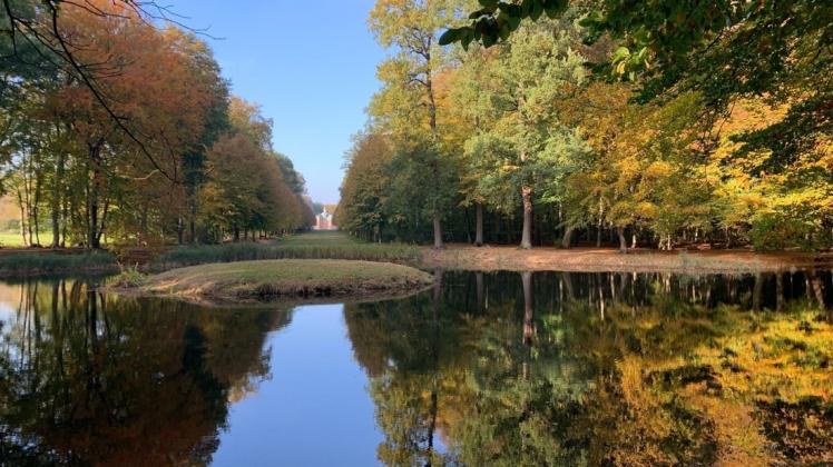 Die herbstliche Farbenpracht spiegelt sich auch auf der Wasseroberfläche wider. Unser Foto entstand am südlichen Teich der Clemenswerther Schlossparkanlage.