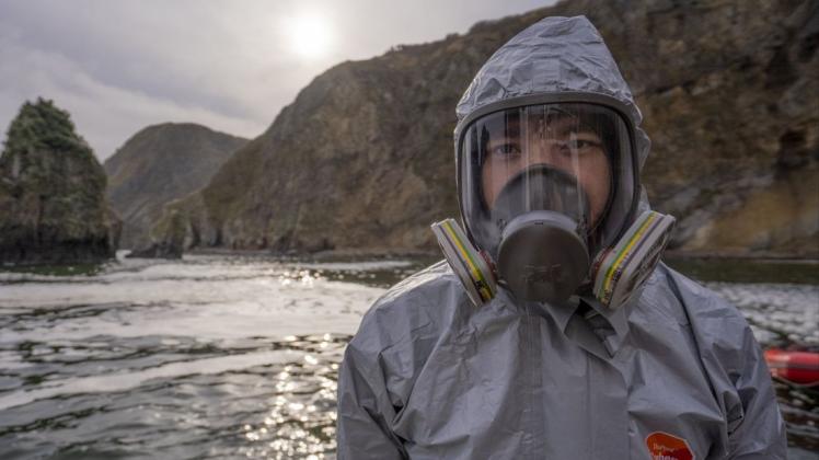Ein Aktivist von Greenpeace trägt am Strand auf der Halbinsel Kamtschatka eine Gasmaske. Nach dem massenhaften Tiersterben an der Küste suchen die Behörden weiter nach den Gründen.
