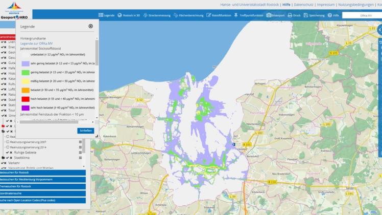 Die aktualisierte Karte zeigt Mittelwerte der Schadstoffe Stickstoffdioxid, Feinstaub und Schwefeldioxid in Rostocks Luft an.
