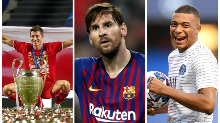 In der Forbes-Liste: Robert Lewandowski, Lionel Messi und Kylian Mbappe (von links).