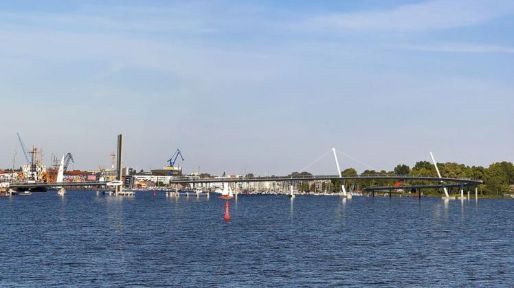 Für die Buga 2025 in Rostock ist eine Brücke von Gehlsdorf zum Stadthafen über die Warnow geplant. So könnte sie aussehen.