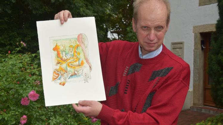 Reinhard Klink stellte seine Radierung "Gesmold – Kirmesdorf im Grönegau" vor. Reinhard Klink stellte seine Radierung "Gesmold – Kirmesdorf im Grönegau" vor.