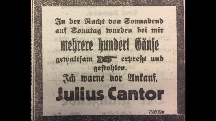Der Eversburger Geflügelhändler Julius Cantor wurde bei den gewaltsamen Lebensmittelunruhen um mehrere 100 Gänse gebracht. Inserat im „Osnabrücker Tageblatt“ vom 21. Juni 1920.