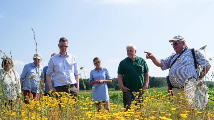 Landschaftsökologe Klaus Handke (r.) erklärte den Besuchern von der FDP, was es beim Bienenglück in Ganderkesee derzeit zu entdecken gibt.