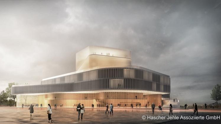 So soll der Neubau des Volkstheaters auf dem Bussebart aussehen, dessen Gestaltung das Berliner Architekturbüro Hascher Jehle Assoziierte GmbH übernimmt.
