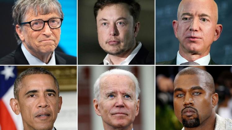 Die Bildkombo zeigt Microsoft-Gründer Bill Gates, Tesla-Chef Elon Musk, Amazon-Gründer Jeff Bezos, den damaligen US-Präsidenten Barack Obama, Präsidentschaftskandidat Joe Biden und Rapper Kanye West (im Uhrzeigersinn). In einer beispiellosen Hacker-Attacke auf Twitter war es unter der Woche Unbekannten gelungen, Werbung für einen Bitcoin-Betrug über Profile von Prominenten zu verbreiten. (Archivbild) Die Bildkombo zeigt Microsoft-Gründer Bill Gates, Tesla-Chef Elon Musk, Amazon-Gründer Jeff Bezos, den damaligen US-Präsidenten Barack Obama, Präsidentschaftskandidat Joe Biden und Rapper Kanye West (im Uhrzeigersinn). In einer beispiellosen Hacker-Attacke auf Twitter war es unter der Woche Unbekannten gelungen, Werbung für einen Bitcoin-Betrug über Profile von Prominenten zu verbreiten. (Archivbild)