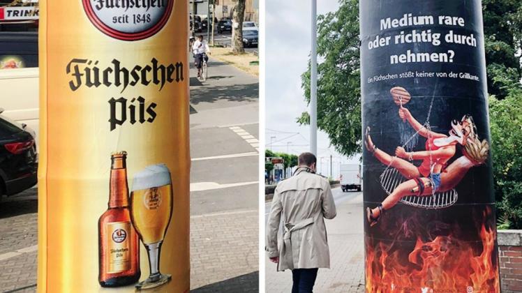 Ein neues Werbeplakat der Düsseldorfer Hausbrauerei (links, von 2019) und das in die Kritik geratene vorherige (rechts).