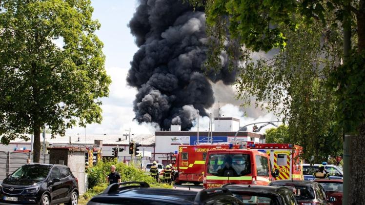 Bei einem Großbrand im Fledder werden zwei Unternehmen zerstört. Die Rauchwolke ist weithin sichtbar.