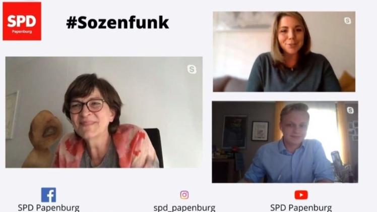 Mit (links) Saskia Esken, einer der Bundesvorsitzenden, hatten die Papenburger Sozialdemokraten Vanessa Gattung und Bastian Schenk einen hochkarätigen Gast zu ihrem ersten Online-Bürgerdialog eingeladen (Screenshot). Mit (links) Saskia Esken, einer der Bundesvorsitzenden, hatten die Papenburger Sozialdemokraten Vanessa Gattung und Bastian Schenk einen hochkarätigen Gast zu ihrem ersten Online-Bürgerdialog eingeladen (Screenshot).