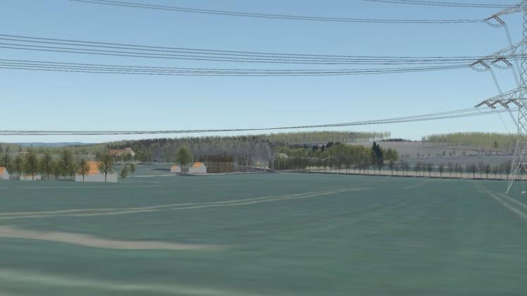 So nicht: Freileitungen, die wie in dieser Simulation den Blick auf die denkmalgeschützte Schelenburg (Bildmitte) beeinträchtigen, hat das zuständige Landesamt für unzulässig erklärt. Amprion muss nun den Abstand zur Wasserburg vergrößern oder die Leitung unter die Erde bringen. So nicht: Freileitungen, die wie in dieser Simulation den Blick auf die denkmalgeschützte Schelenburg (Bildmitte) beeinträchtigen, hat das zuständige Landesamt für unzulässig erklärt. Amprion muss nun den Abstand zur Wasserburg vergrößern oder die Leitung unter die Erde bringen.