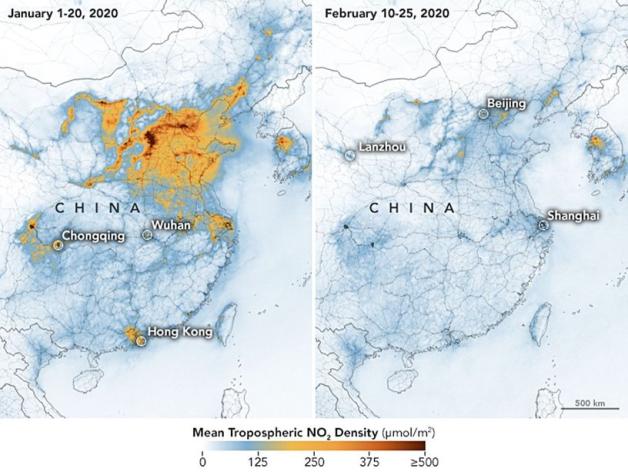 Die Karten zeigen die Konzentrationen von Stickstoffdioxid (NO2) in ganz China vom 1. bis 20. Januar 2020 (vor der Quarantäne wegen des Coronavirus) und vom 10. bis 25. Februar (während der Quarantäne). Foto: dpa/NASA