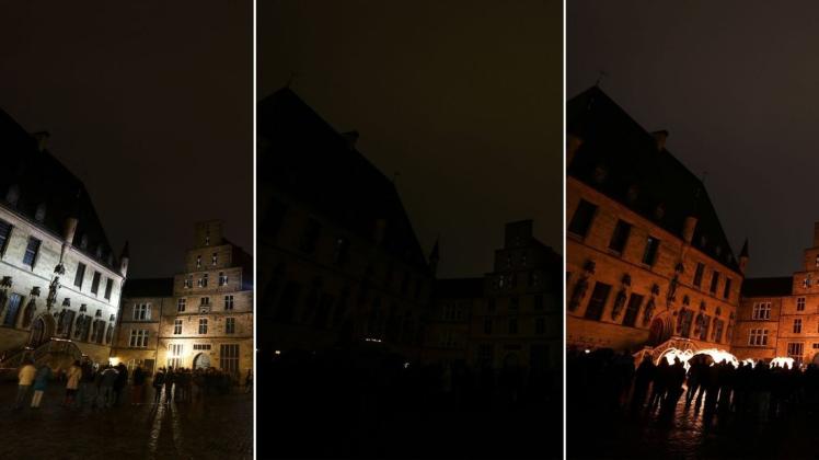 Bersenbrück und Rieste rufen zur Teilnahme an der Earth Hour auf. Auch Osnabrück macht mit und schaltet seit Jahren die Lichter aus, wie die Kombination von Aufnahmen auf dem Platz vor dem Rathaus zeigt. Foto: David Ebener